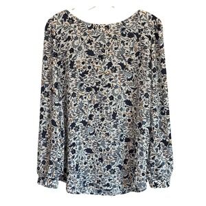 LOFT‎ Womens Blue White Floral Botanical Long Sleeve Blouse Keyhole Back Large